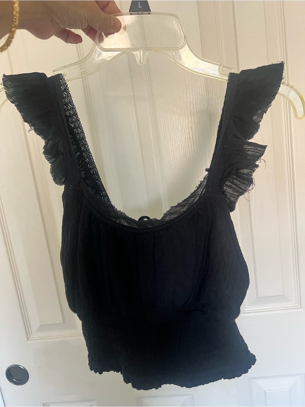 Free People Black Smocked Tank with Lace Trim
